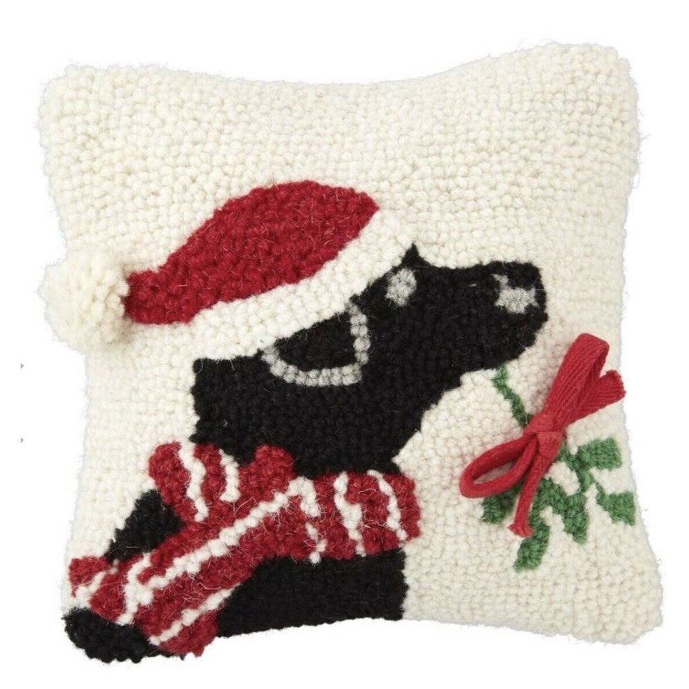 Black Lab Labrador Dog with Wreath Hooked 8" Mini Christmas Pillow Mud Pie